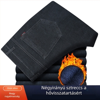 Meleg béléssel ellátott férfi farmernadrág, laza egyenes szabás, elasztikus, nagy méret, középkorú és idősebb férfiak számára, téli nadrág.