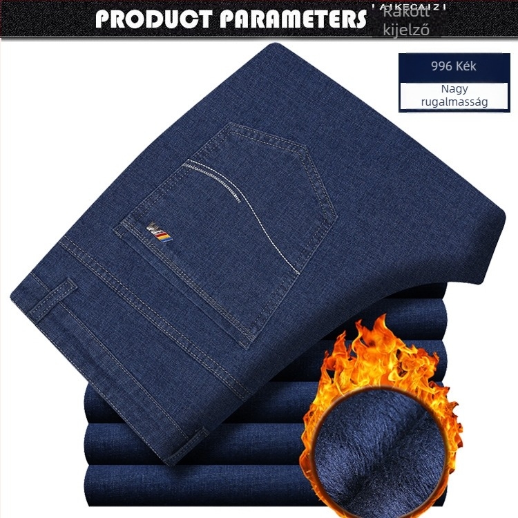 Meleg béléssel ellátott férfi farmernadrág, laza egyenes szabás, elasztikus, nagy méret, középkorú és idősebb férfiak számára, téli nadrág.