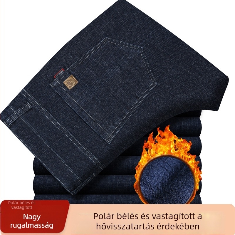 Meleg béléssel ellátott férfi farmernadrág, laza egyenes szabás, elasztikus, nagy méret, középkorú és idősebb férfiak számára, téli nadrág.