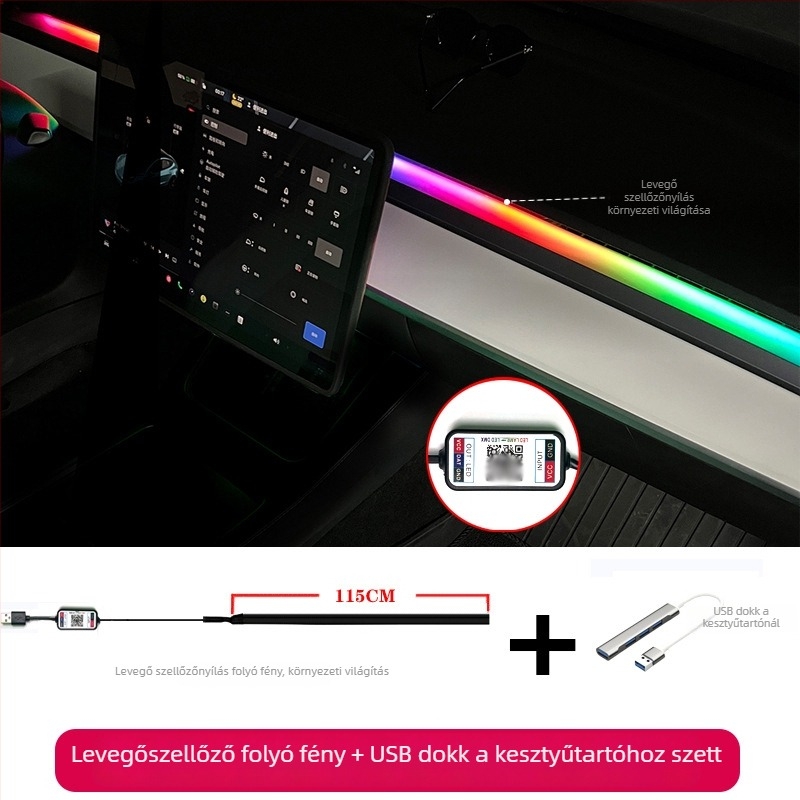 LED környezeti világításkészlet Tesla Model 3/Y számára – központi kezelőpanel és légkivezető, 12W, 24V, 2A, Anyag: TPE, Modell: One-for-two
