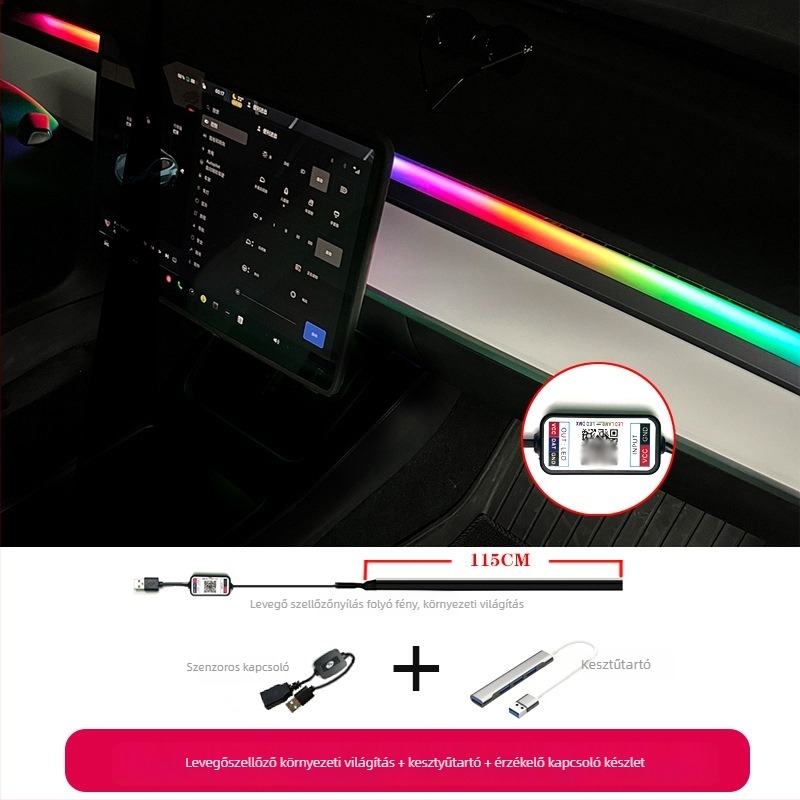 LED környezeti világításkészlet Tesla Model 3/Y számára – központi kezelőpanel és légkivezető, 12W, 24V, 2A, Anyag: TPE, Modell: One-for-two