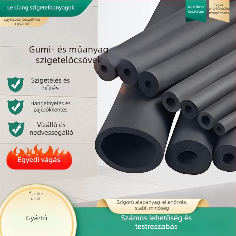 Gumi- és műanyag szigetelőcső forró és hideg vízhez – külső mikroporózus burkolat; hővezetés 0,035 W/mK; hajlítási szilárdság 120; nyomószilárdság 150; üzemelési hőmérséklet 500