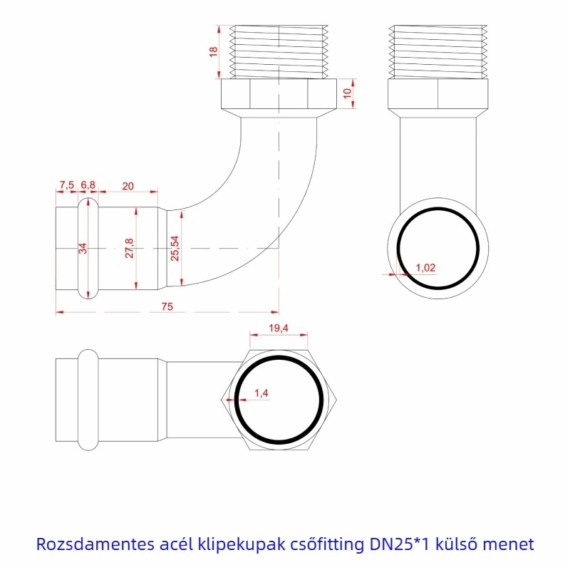 Rozsdamentes acél vízcső idom – 90° külső menetes hajlító, kompressziós csatlakozás, 304/316L, magas hőmérséklet-állóság