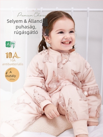 Baba selyem töltetű vastag pamut béléses téli-őszi alvóoverál, cipzárral, szétválasztható lábakkal
