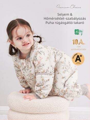 Baba selyem töltetű vastag pamut béléses téli-őszi alvóoverál, cipzárral, szétválasztható lábakkal