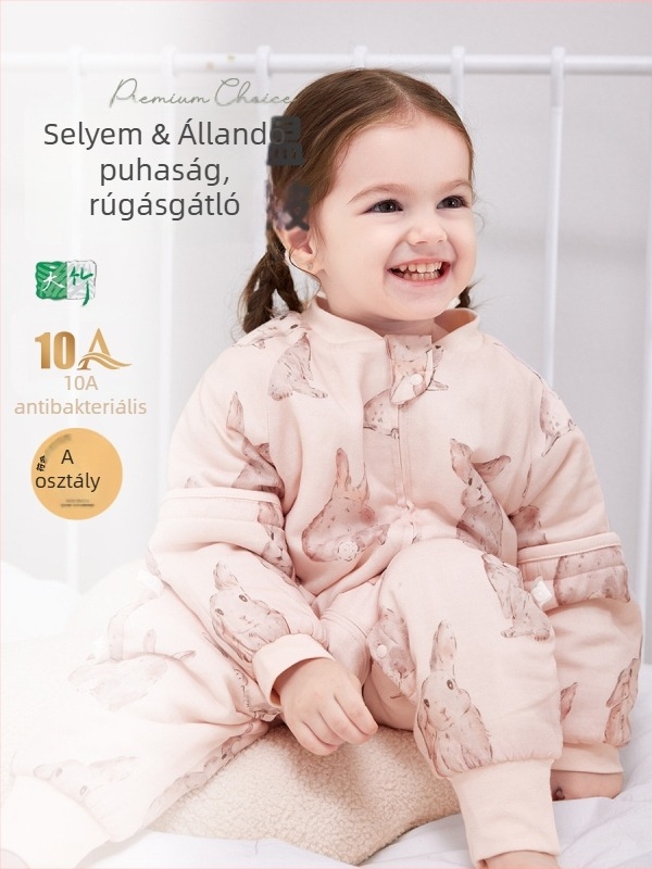 Baba selyem töltetű vastag pamut béléses téli-őszi alvóoverál, cipzárral, szétválasztható lábakkal