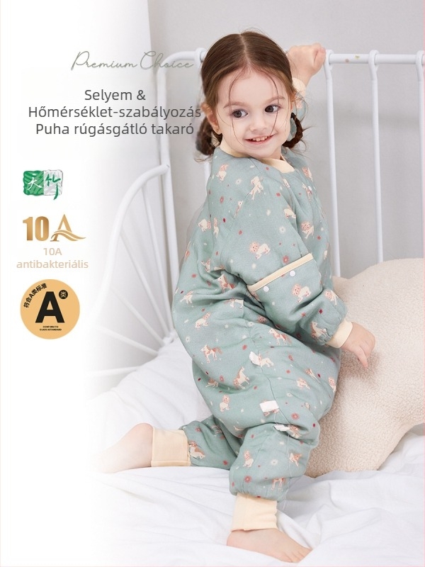 Baba selyem töltetű vastag pamut béléses téli-őszi alvóoverál, cipzárral, szétválasztható lábakkal