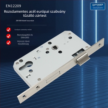 Rozsdamentes acélból készült európai szabványú tűzálló zártest – ajtók átjáró/folyosóhoz; Anyag: 304/316/201 rozsdamentes acél; Modell: Stainless Steel European Standard Fireproof Lock Body; Alkalmazási terület: lopás elleni ajtók; Súly: 720 g