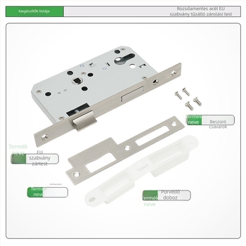 Rozsdamentes acélból készült európai szabványú tűzálló zártest – ajtók átjáró/folyosóhoz; Anyag: 304/316/201 rozsdamentes acél; Modell: Stainless Steel European Standard Fireproof Lock Body; Alkalmazási terület: lopás elleni ajtók; Súly: 720 g