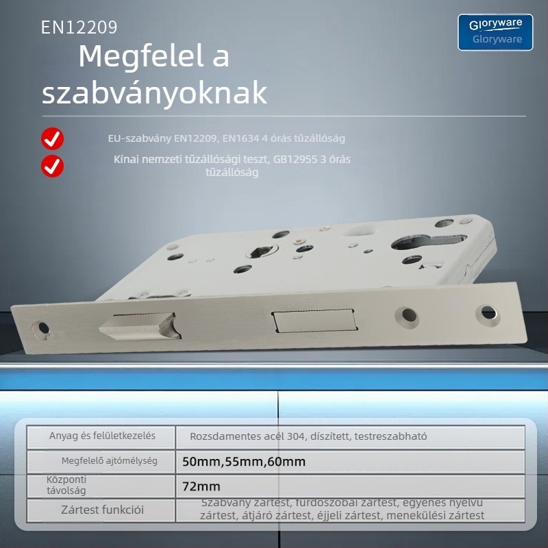 Rozsdamentes acélból készült európai szabványú tűzálló zártest – ajtók átjáró/folyosóhoz; Anyag: 304/316/201 rozsdamentes acél; Modell: Stainless Steel European Standard Fireproof Lock Body; Alkalmazási terület: lopás elleni ajtók; Súly: 720 g