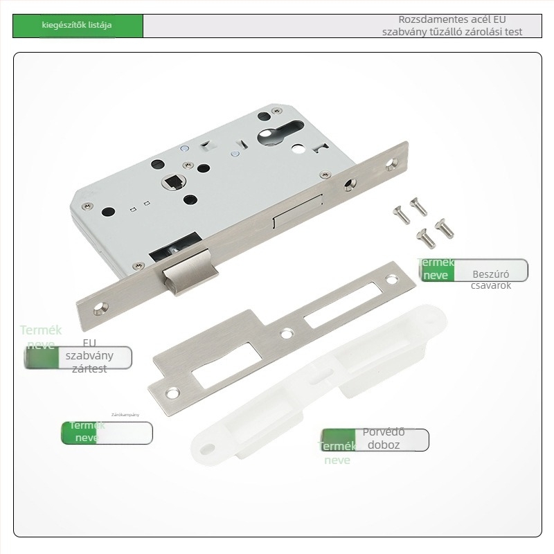 Rozsdamentes acélból készült európai szabványú tűzálló zártest – ajtók átjáró/folyosóhoz; Anyag: 304/316/201 rozsdamentes acél; Modell: Stainless Steel European Standard Fireproof Lock Body; Alkalmazási terület: lopás elleni ajtók; Súly: 720 g