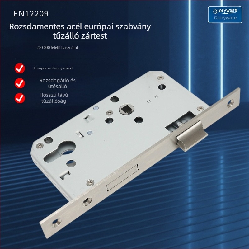 Rozsdamentes acélból készült európai szabványú tűzálló zártest – ajtók átjáró/folyosóhoz; Anyag: 304/316/201 rozsdamentes acél; Modell: Stainless Steel European Standard Fireproof Lock Body; Alkalmazási terület: lopás elleni ajtók; Súly: 720 g