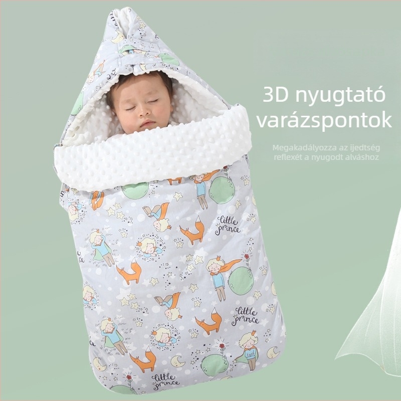 Baba hálózsák – 100% pamut, bélés bean velvet, töltet selyemszál, levehető ujjak, mosható, vastagított, nylon cipzár, rajzfilm minta, alkalmas őszre és télre, 0-1 éves korosztálynak.