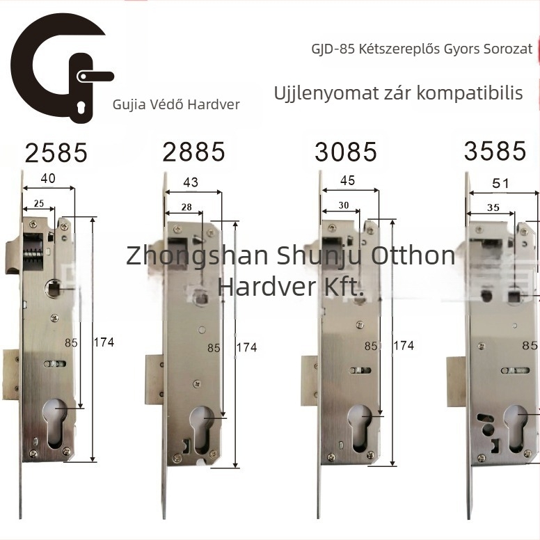 85-ös sorozat kétgyors zártest alumínium és fa ajtókhoz — ujjlenyomat-zár, rozsdamentes acél csap, liner 201, 201-es támaszlemez