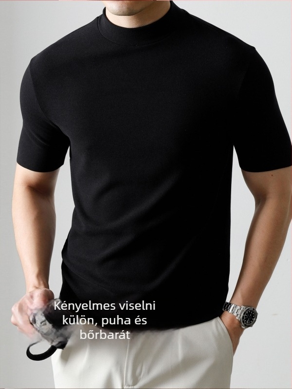 Férfi üzleti stílusú póló félmagas gallérral, vast gyapjúkeverék anyagból, rövid ujjú, karcsú szabásban, ősz-télre.