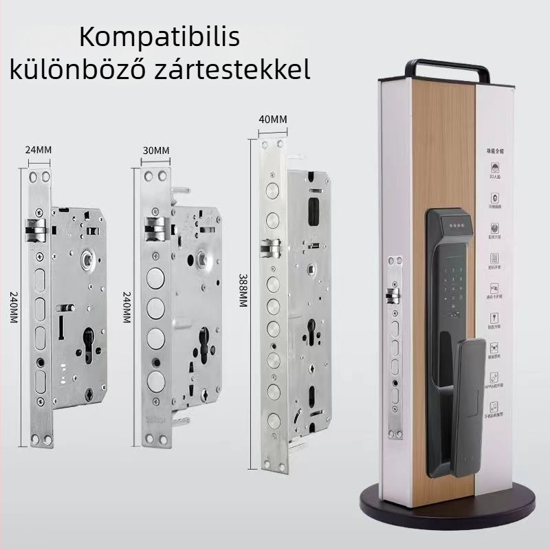 Intelligens zárak bemutatóállványa, alumínium-ötvözet és fa textúrájú felület, modell Y03, könnyű luxus stílus, ujjlenyomat-zár keret