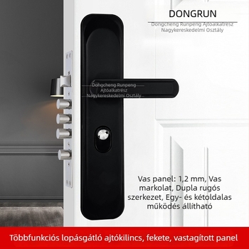 Fekete fogantyús ajtózár, univerzális vasajtóhoz, beltéri használatra, 1,2 cm vastag panel.