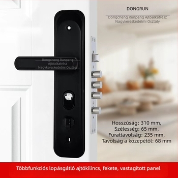 Fekete fogantyús ajtózár, univerzális vasajtóhoz, beltéri használatra, 1,2 cm vastag panel.