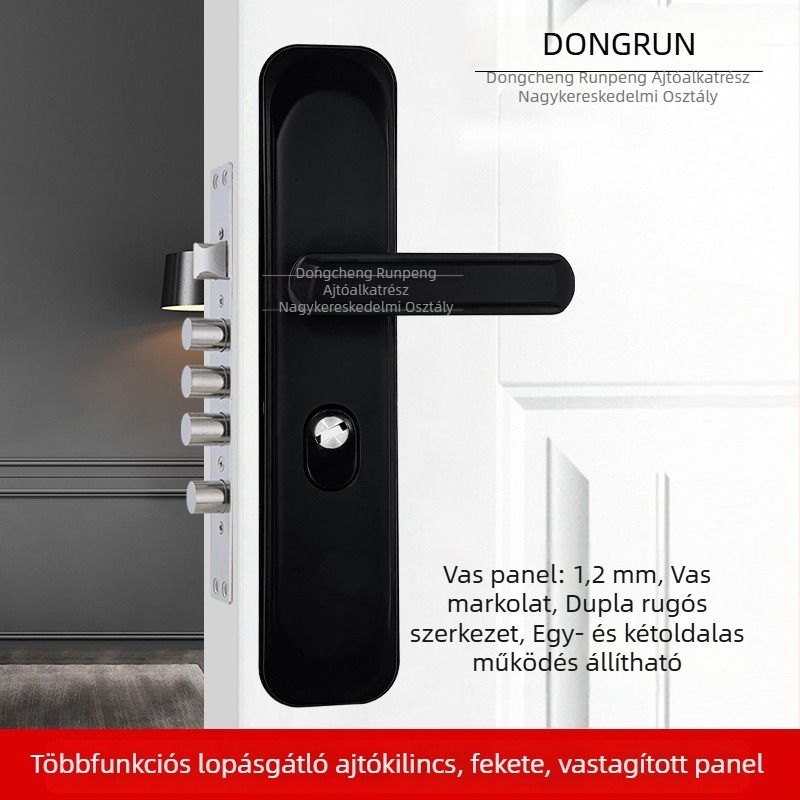 Fekete fogantyús ajtózár, univerzális vasajtóhoz, beltéri használatra, 1,2 cm vastag panel.