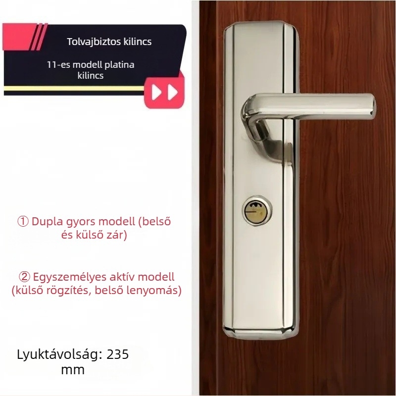 Panpan Spring anti‑lopt ajtózár csere, típus 11, platina kilincs, 235 mm, kettős gyorsaságú, egykaros
