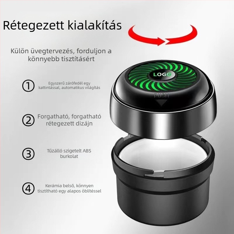 Autóhoz és otthonra való hamutartó – többfunkciós, LED környezeti világítással, gravírozott felülettel; Anyag: lángálló ABS + kerámia belső; Modellek: Y250/Y260