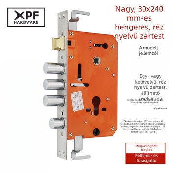 Biztonsági ajtózártest krizantém alakú tokban, réz nyelv, 30×240 mm, megerősített és szélesített zárpanel, ajtó kiegészítők