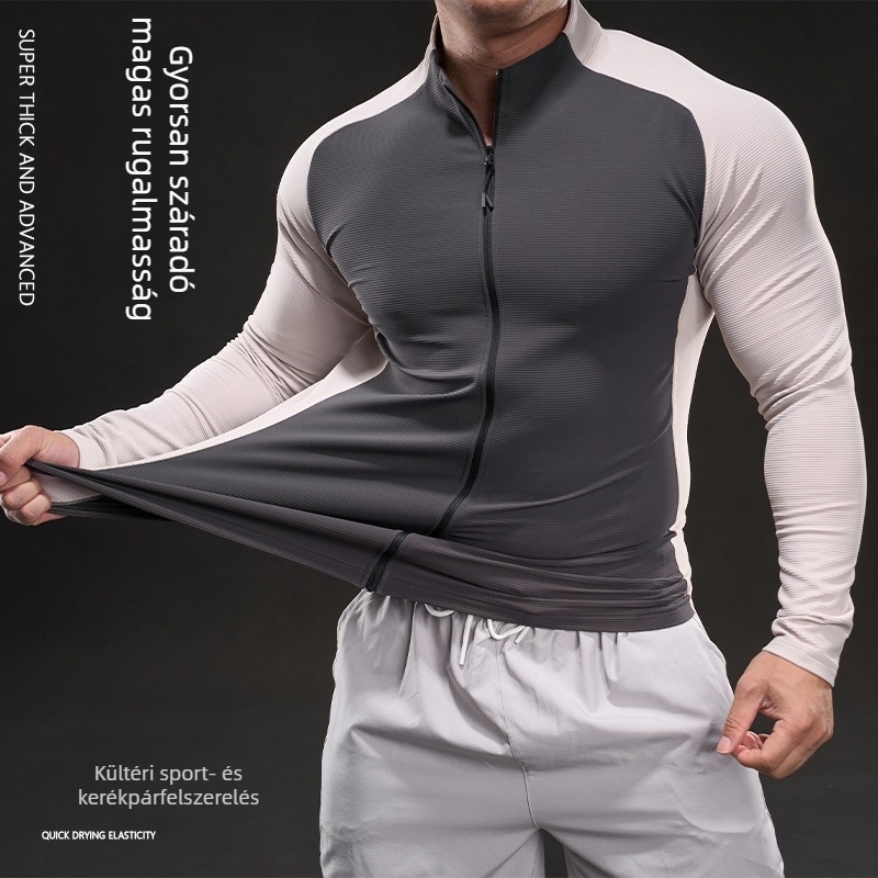 Férfi sportos hosszú ujjú T‑shirt álló gallérral, színblokkal, szűk szabás, gyorsan száradó