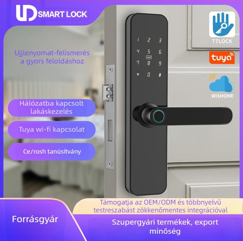 TTLOCK okos zár faajtóhoz – ujjlenyomat, jelszó és kártya hozzáférés; TUYA-kompatibilis, távoli nyitás, telepítés fúrás nélkül