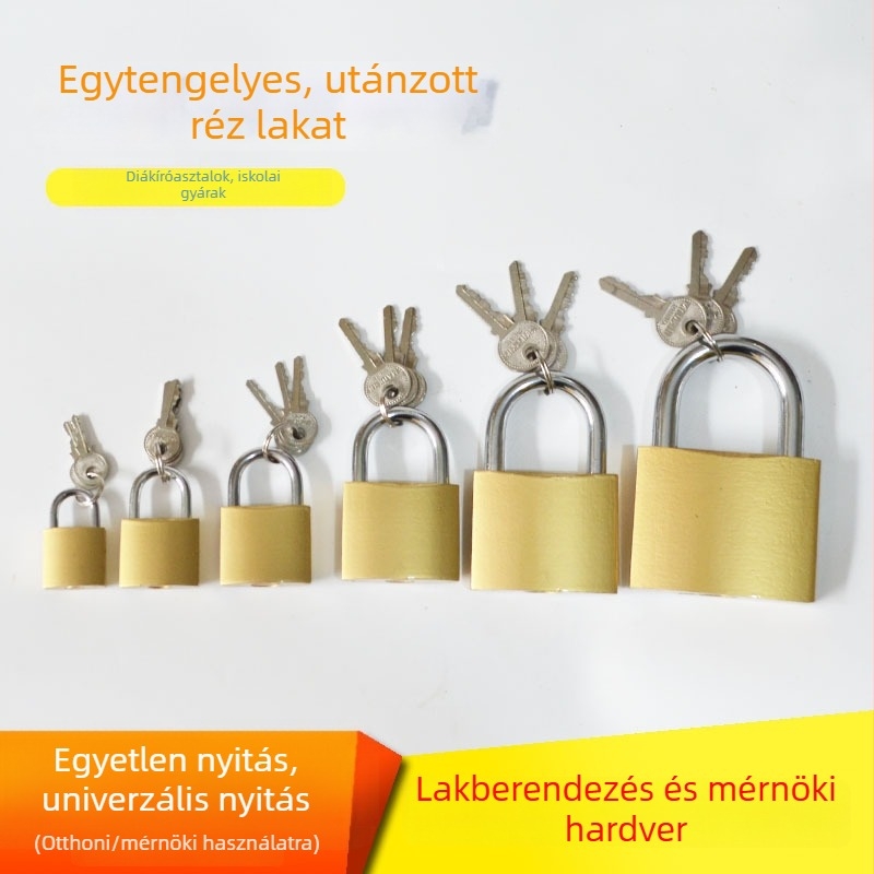 Háztartási utánzott réz színű lakat kódzárral, szekrényekhez és mérődobozokhoz; egykulcsos nyitás; különböző zárfej méretek