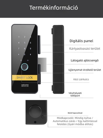 keret nélküli üvegajtó zár, ujjlenyomat- és kulcsazonosítással, érintőképernyővel, irodai csúszóajtókhoz – okos elektromos zár.