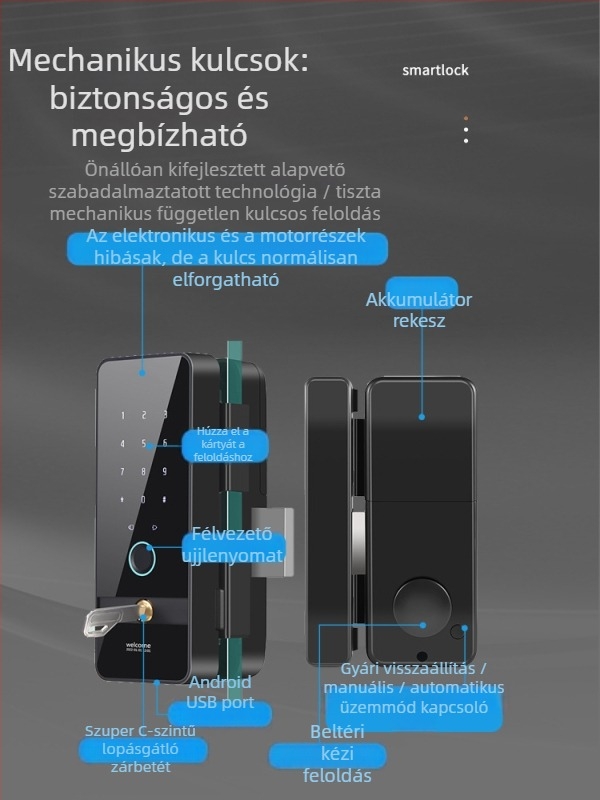 keret nélküli üvegajtó zár, ujjlenyomat- és kulcsazonosítással, érintőképernyővel, irodai csúszóajtókhoz – okos elektromos zár.