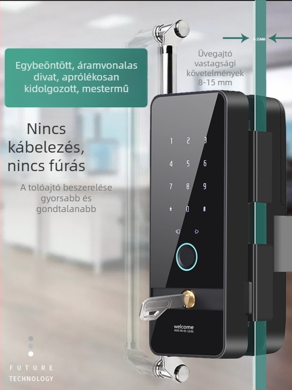 keret nélküli üvegajtó zár, ujjlenyomat- és kulcsazonosítással, érintőképernyővel, irodai csúszóajtókhoz – okos elektromos zár.