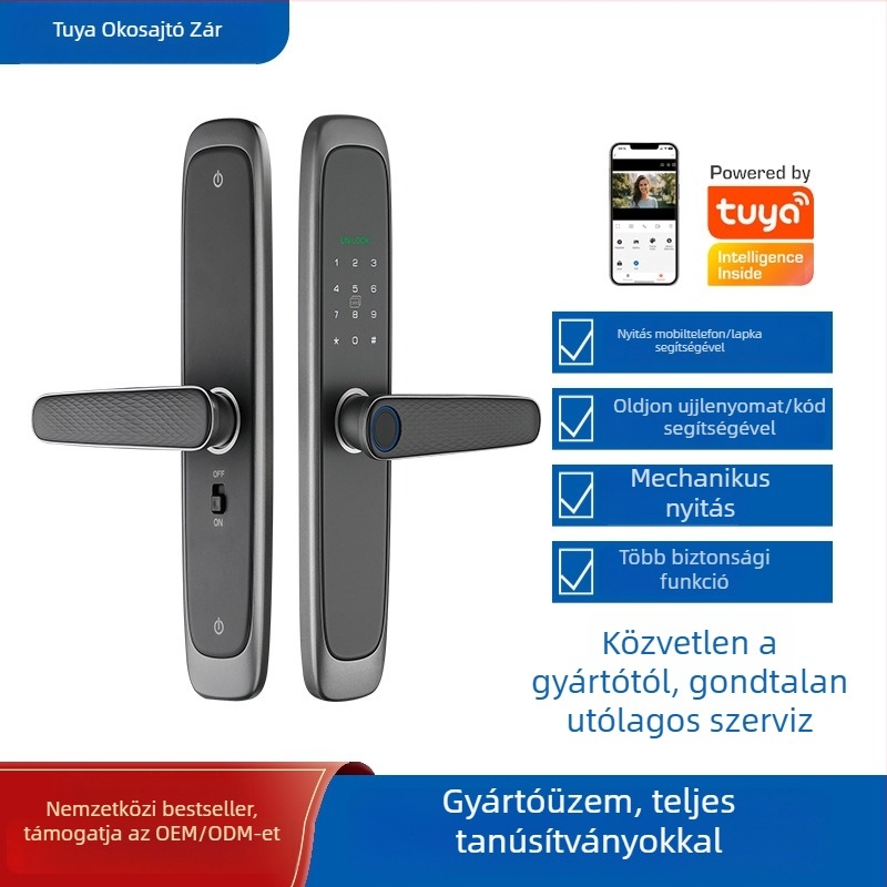 Intelligens ajtózár szállodai/lakásos használathoz ujjlenyomat-olvasóval, kártyás, PIN, dinamikus jelszó és IC-kártya hozzáféréssel (Tuya 2.4G WiFi, modell Td-w6-b, zármechanizmus 5050/6068/6072/6085)