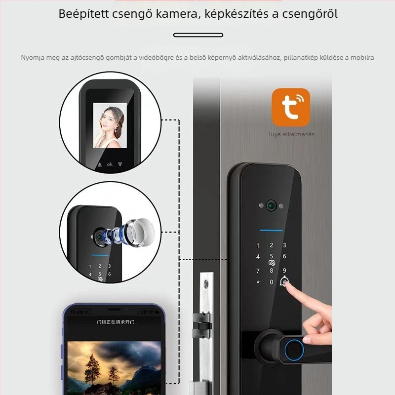 3D macskaszem kamerás okos ajtózár, F008 Cat Eye verzió, Graffiti alkalmazás, többféle nyitási mód: ujjlenyomat, jelszó, kártya, mobil, távoli zárnyitás, lakás, hotel vagy otthon