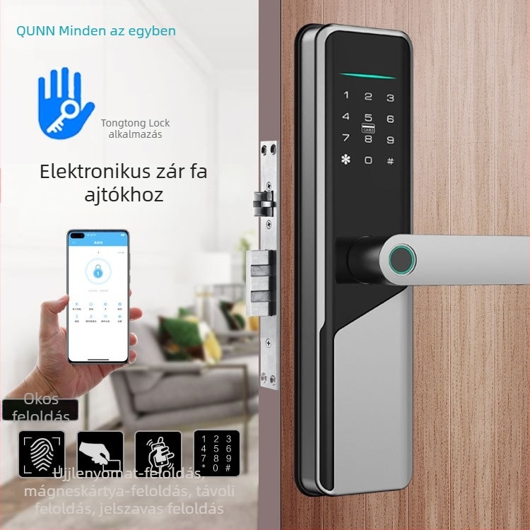 TTLOCK ujjlenyomat-olvasós intelligens zár fa ajtóhoz, fél-automat a Bluetooth hozzáférés, kártya és jelszó