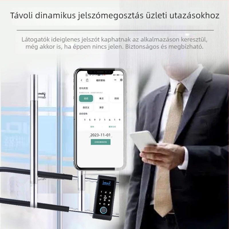 Intelligens U-formájú zár üvegajtókhoz ujjlenyomat és jelszóval, modell U3P, kapacitás: 50 ujjlenyomat, beolvasási idő <0,1 s, >100000 nyitás, energiaellátás AC