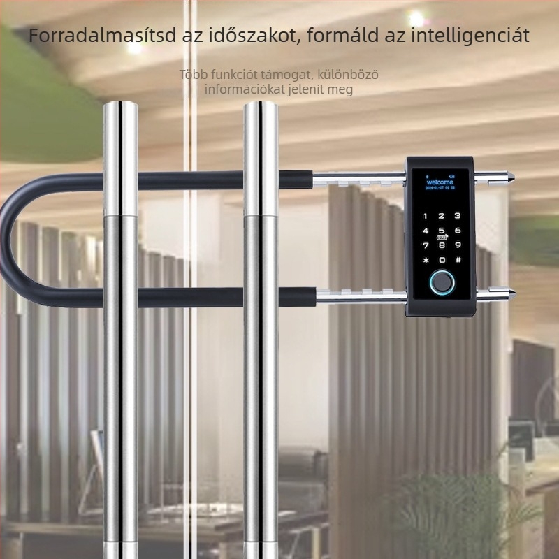 Intelligens U-formájú zár üvegajtókhoz ujjlenyomat és jelszóval, modell U3P, kapacitás: 50 ujjlenyomat, beolvasási idő <0,1 s, >100000 nyitás, energiaellátás AC