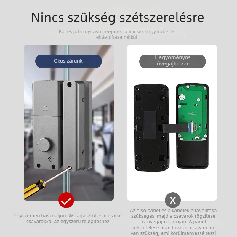 Irodai üvegajtó okos zár furatmentes telepítéssel, ujjlenyomat, jelszó és kártya feloldás, Tuya