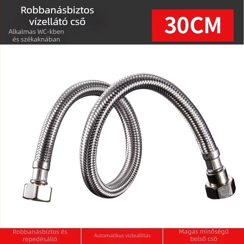 WC vízellátó tömlő, 304 rozsdamentes acélból, fonott, falba süllyesztett telepítés, 4-pontos csatlakozás, névleges nyomás 1.0 MPa, üzemi hőmérséklet 70°C