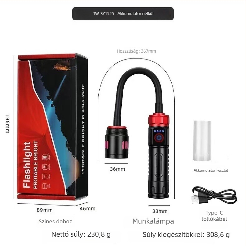 Mágneses munkalámpa, több szögben hajlítható, 360°-os forgás, USB-töltés, fehér lézeres zoom világítás, 500 m feletti hatótáv