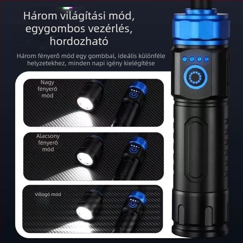 Mágneses munkalámpa, több szögben hajlítható, 360°-os forgás, USB-töltés, fehér lézeres zoom világítás, 500 m feletti hatótáv