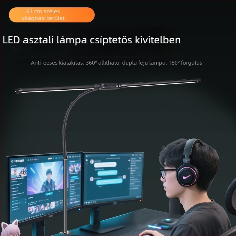 LED asztali lámpa klipszes kialítással és hajlékony nyakkal, dupla fej, USB tápegységű 12W, alumínium árnyékoló, szemvédő tanuláshoz és olvasáshoz