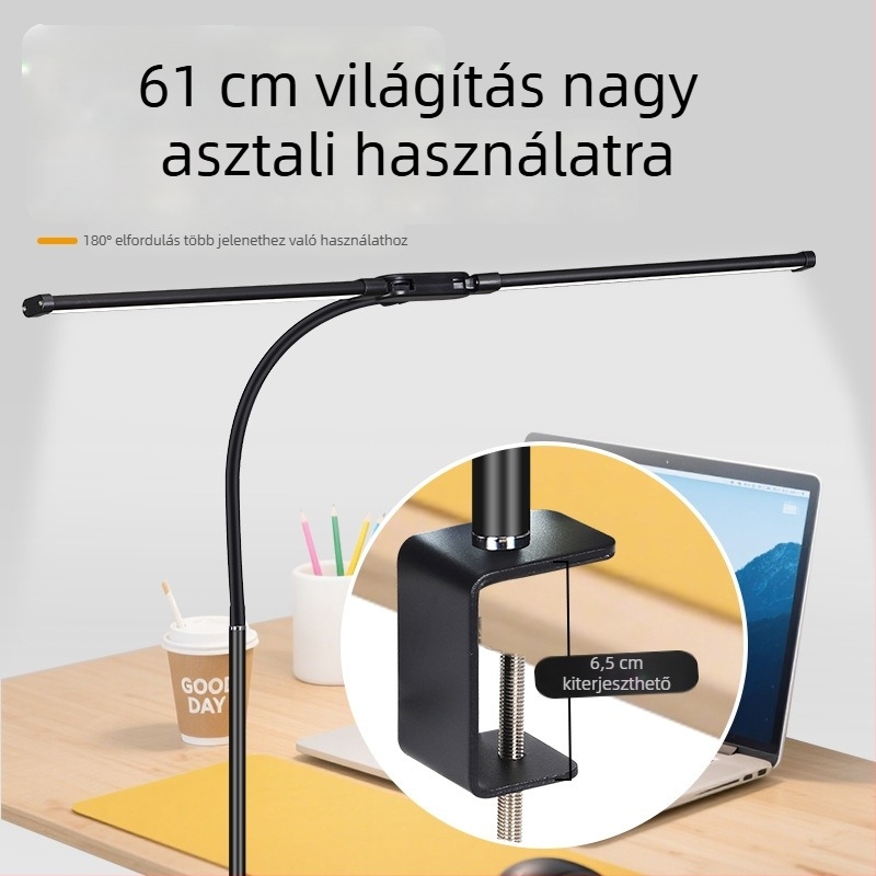 LED asztali lámpa klipszes kialítással és hajlékony nyakkal, dupla fej, USB tápegységű 12W, alumínium árnyékoló, szemvédő tanuláshoz és olvasáshoz