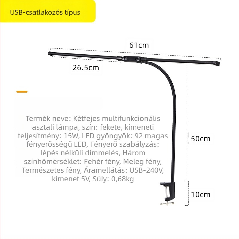 LED asztali lámpa klipszes kialítással és hajlékony nyakkal, dupla fej, USB tápegységű 12W, alumínium árnyékoló, szemvédő tanuláshoz és olvasáshoz