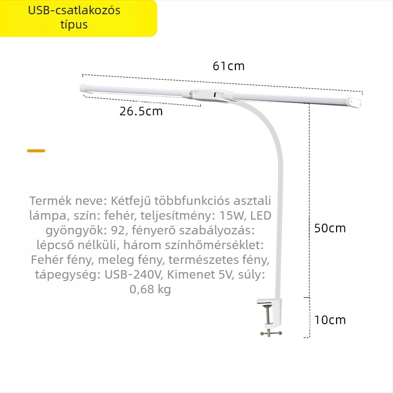 LED asztali lámpa klipszes kialítással és hajlékony nyakkal, dupla fej, USB tápegységű 12W, alumínium árnyékoló, szemvédő tanuláshoz és olvasáshoz