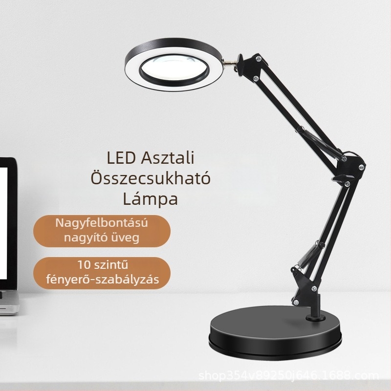 Összecsukható nagyító lámpa sminkhez, manikűrhöz és szempillákhoz – USB tápegység, fém árnyékoló, gombos kapcsoló, CRI 80–89, asztali olvasó- és tanulólámpa