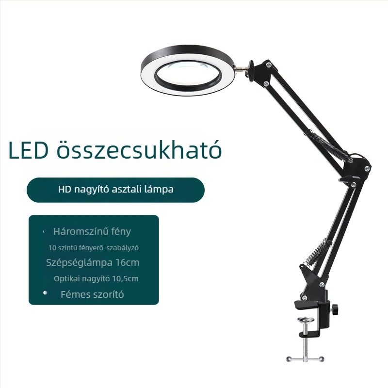 Összecsukható nagyító lámpa sminkhez, manikűrhöz és szempillákhoz – USB tápegység, fém árnyékoló, gombos kapcsoló, CRI 80–89, asztali olvasó- és tanulólámpa