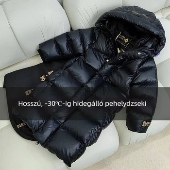 Gyerekeknek szóló fekete-arany színű töltésű tolldzseki, kapucnival, uniszex, középhosszú