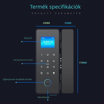Üvegajtó ujjlenyomat- és jelszavas okoszár keretes kivitelben, egy- vagy kétszárnyú ajtóhoz