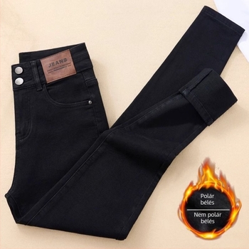 Női magas derekú farmernadrág denimből, vastag fleece bélés, fekete, szűk szabás, skinny pencil, bokáig érő hossz, őszi/téli 2025, tavaszi kollekció 2026.